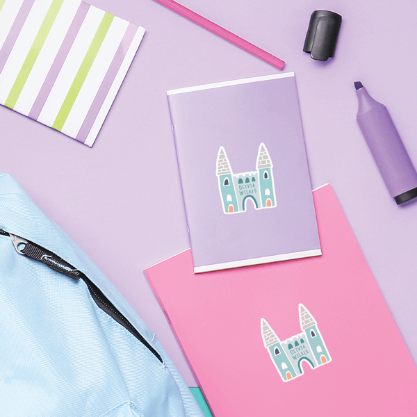Fantasy Castle Die Cut Name Labels on School Notebooks