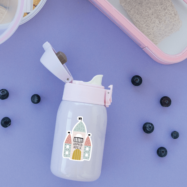 Rapunzel's Castle Die Cut Name Labels on Reusable Water Bottle