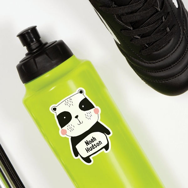 Cheerful Panda Die Cut Name Label on Reusable Water Bottle