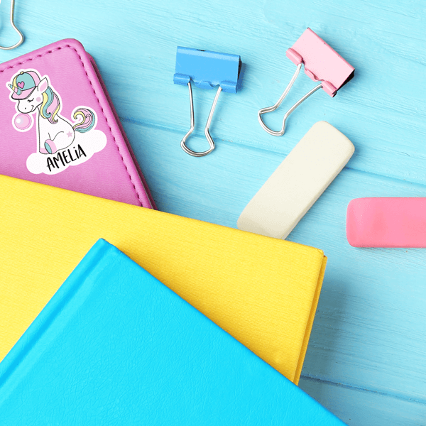 Bubblegum Unicorn Die Cut Name Label on School Supplies