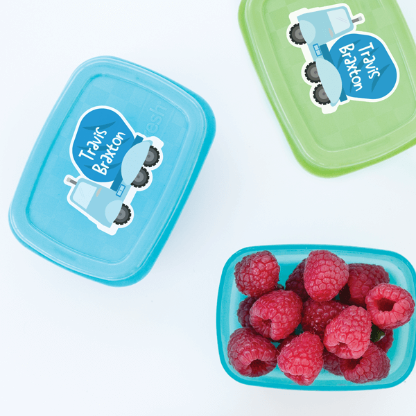 Cement Truck Die Cut Name Labels on Snack Boxes