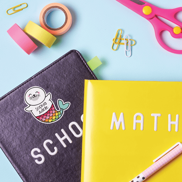 Mermaid Seal Die Cut Name Label on School Book