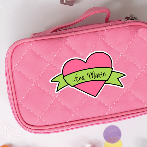 Ribbon Heart Die Cut Name Label on Pouch